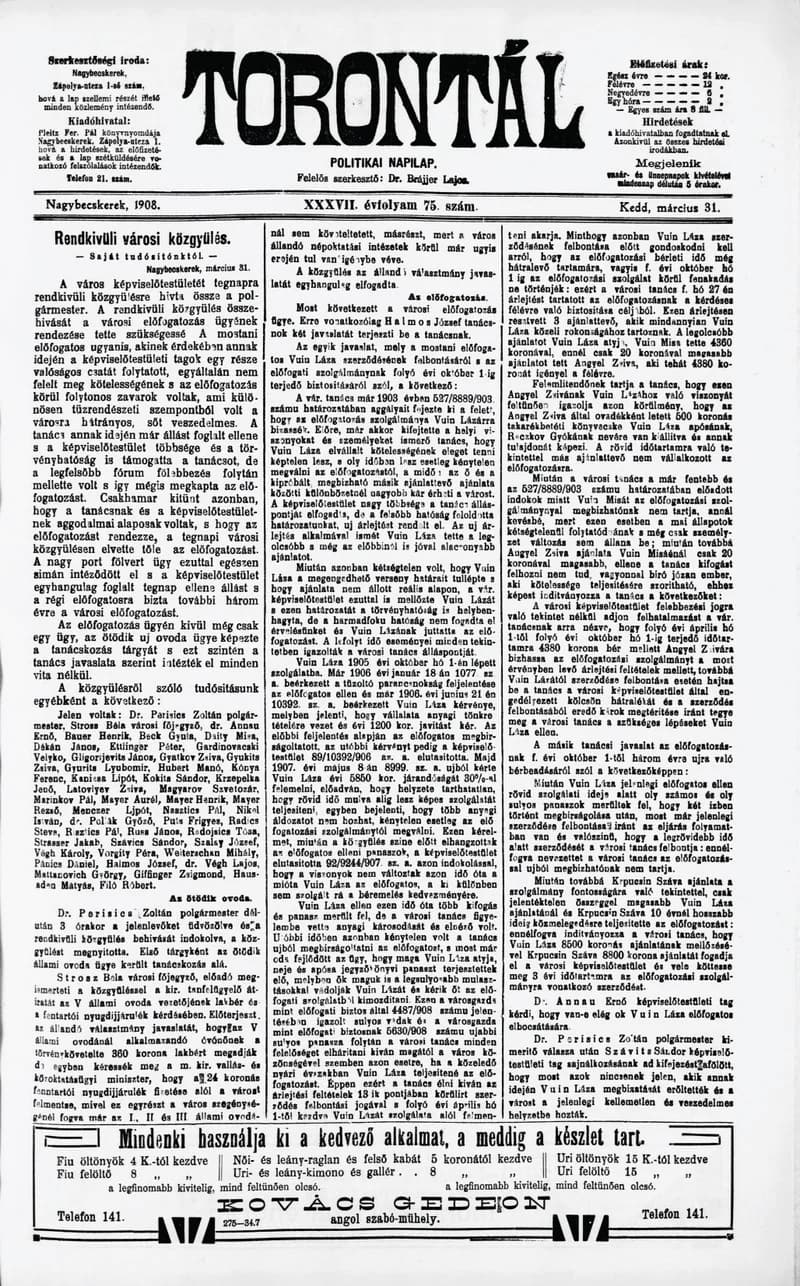Torontál, 37. évf. 1908. március 31. 75. sz.