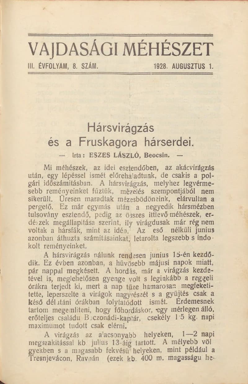 Vajdasági méhészet, 3. évf. 1928. augusztus 1. 8. sz.