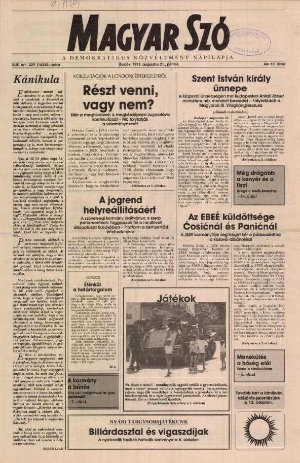 Magyar Szó, 49. évf. 1992. augusztus 21. 229. sz. 1–16. oldal
