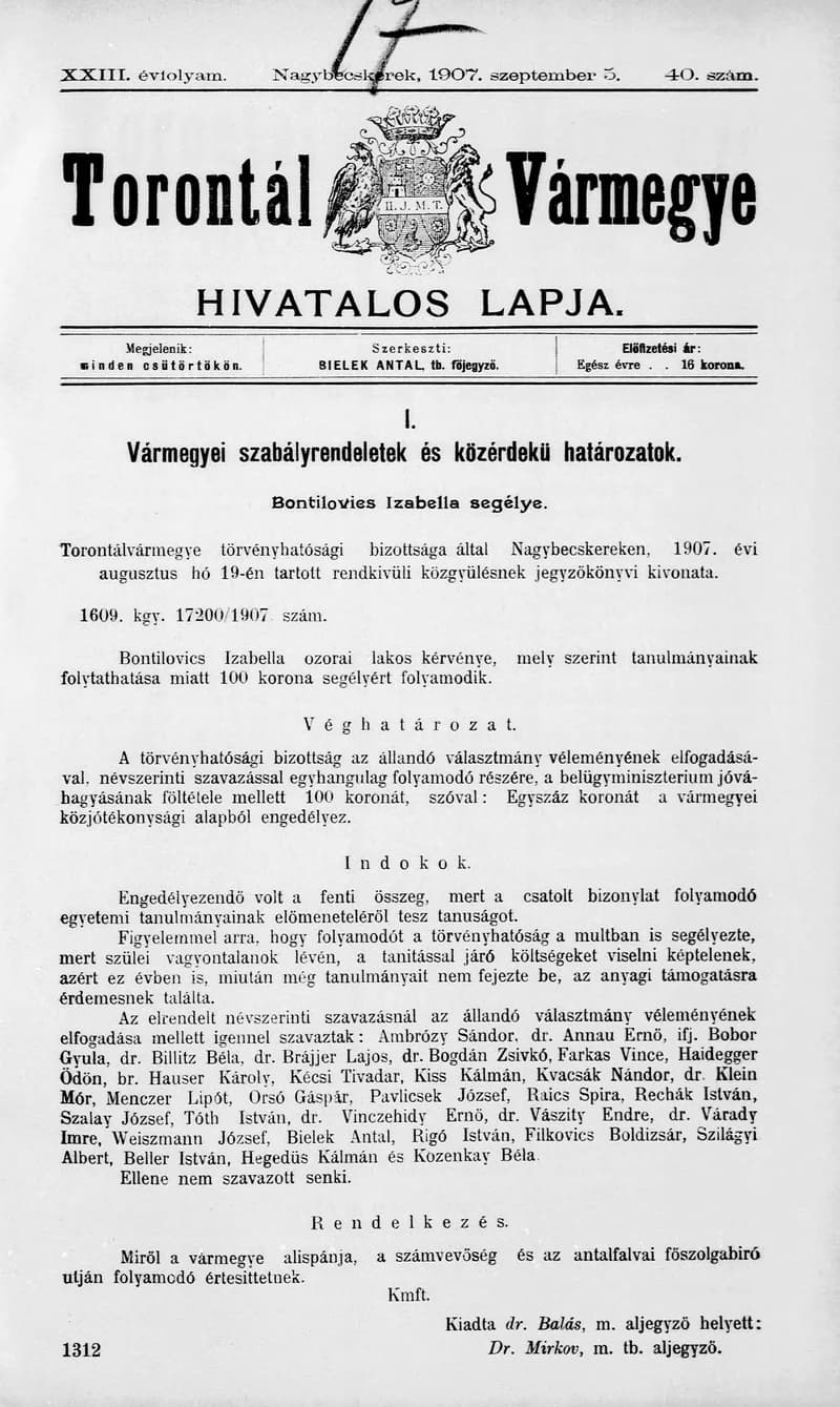 Torontál Vármegye Hivatalos Lapja, 23. évf. 1907. szeptember 5. 40. sz.