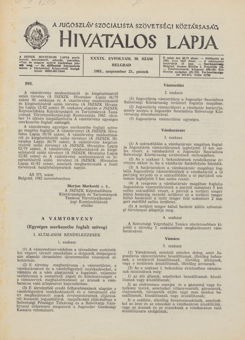 A Jugoszláv Szocialista Szövetségi Köztársaság Hivatalos Lapja, 39. évf. 1983. szeptember 23. 50. sz. 1385–1444. oldal