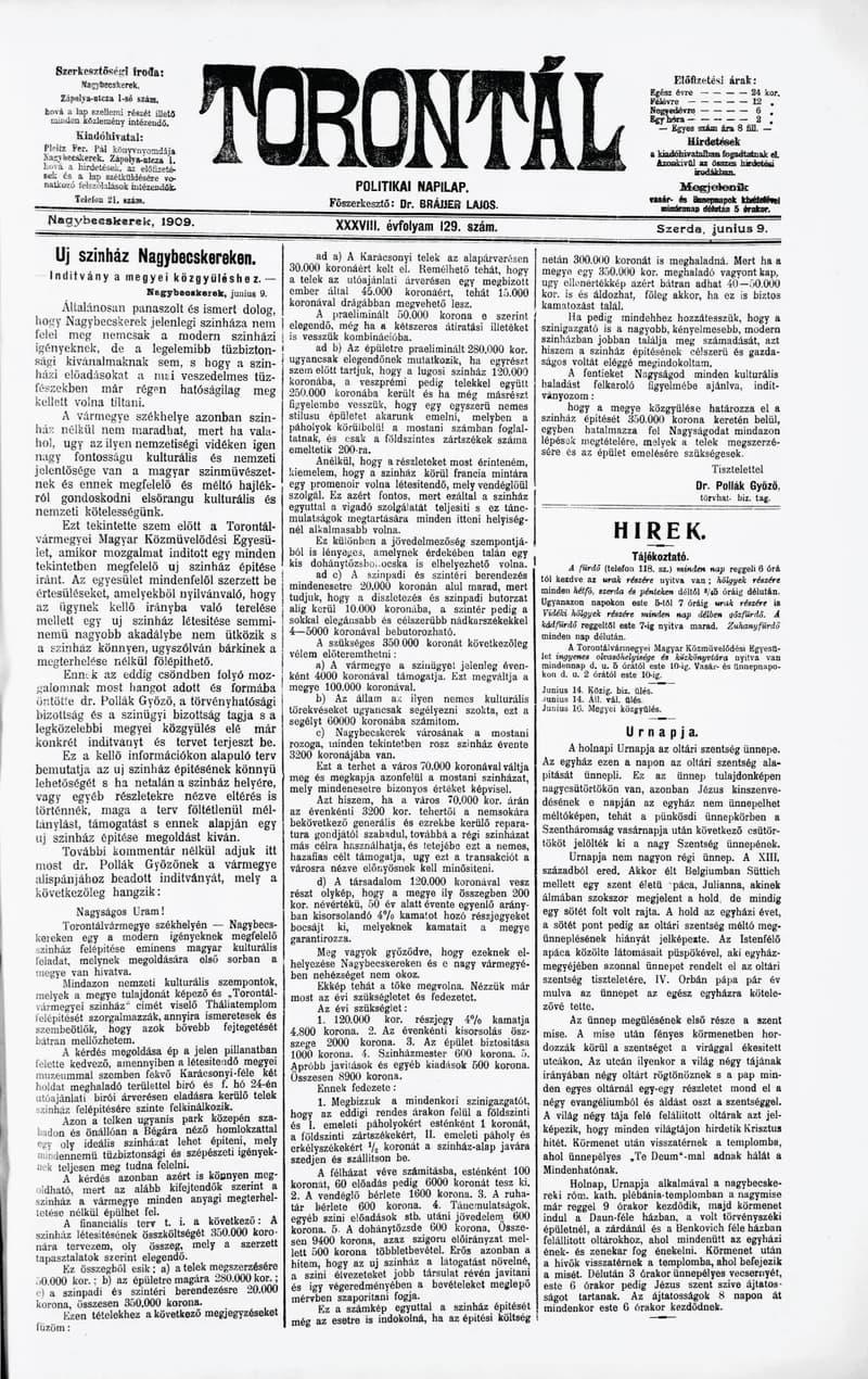 Torontál, 38. évf. 1909. június 9. 129. sz.