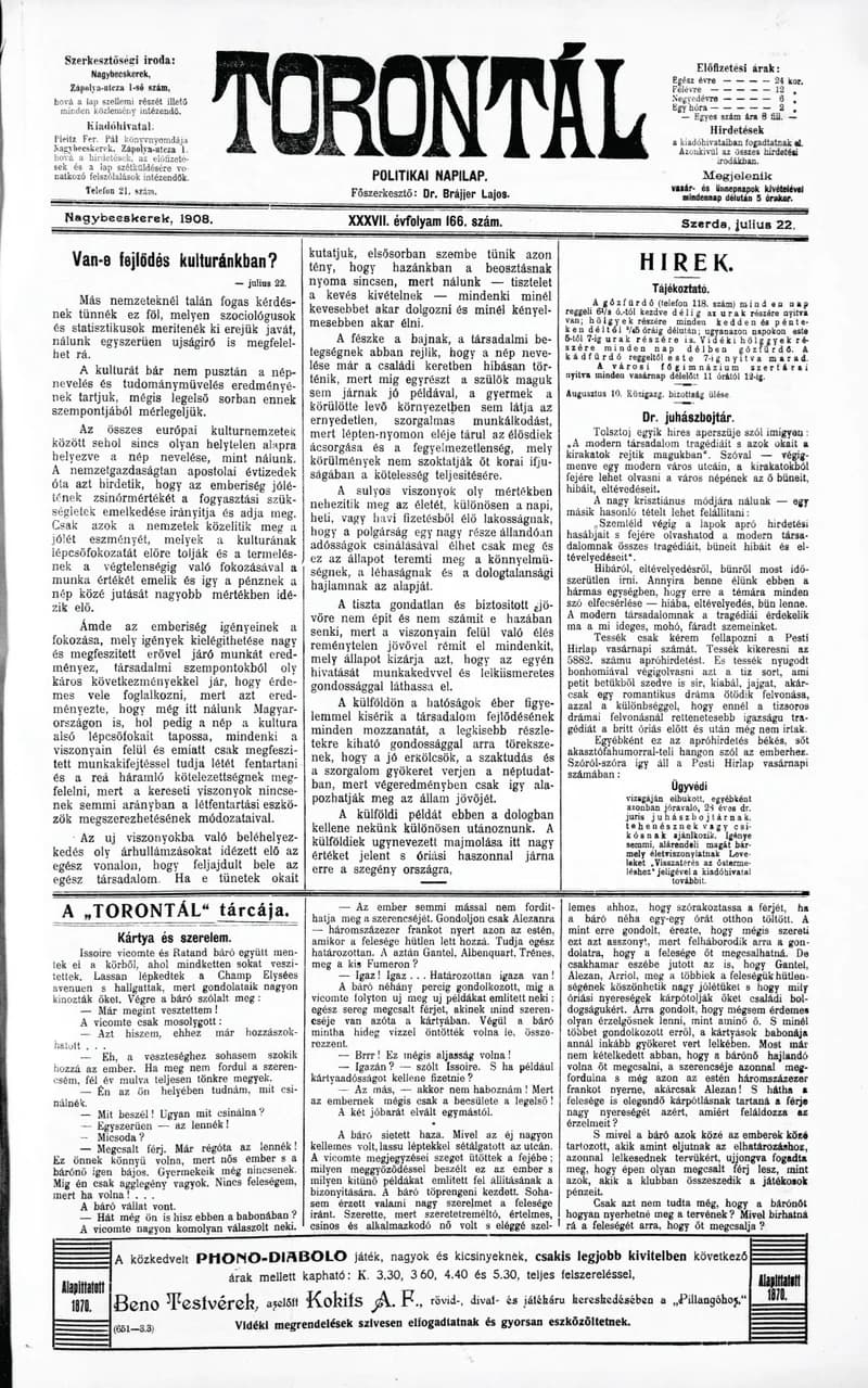 Torontál, 37. évf. 1908. július 22. 166. sz.