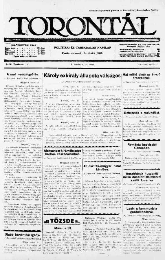 Torontál, 51. évf. 1922. április 2. 74. sz.