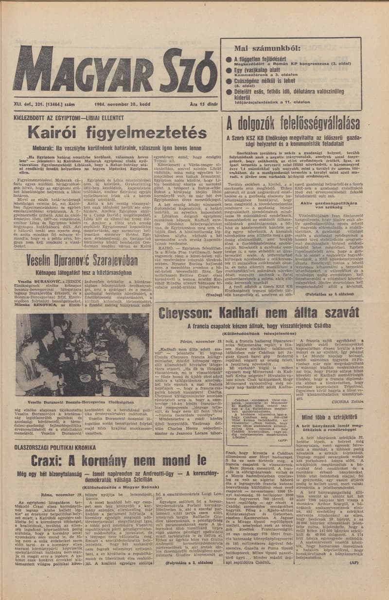 Magyar Szó, 41. évf. 1984. november 20. 321. sz. 1–20. oldal