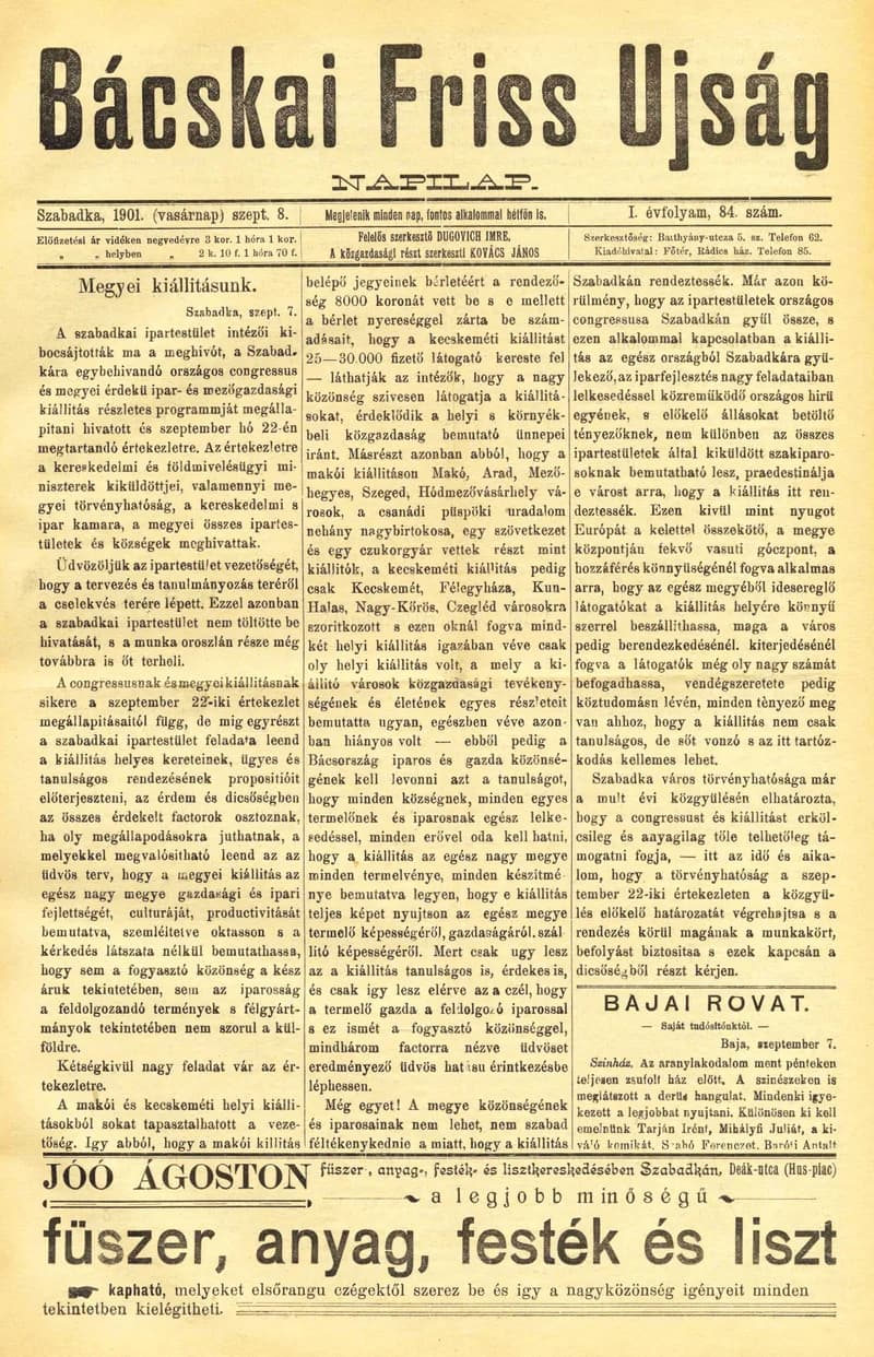 Bácskai Friss Ujság, 1. évf. 1901. szeptember 8. 84. sz.