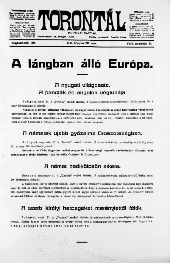 Torontál, 43. évf. 1914. szeptember 21. 213. sz.