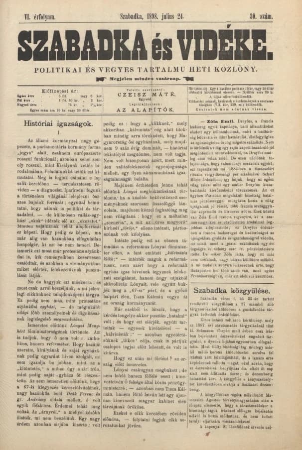 Szabadka és vidéke II, 6. évf. 1898. július 24. 30. sz.