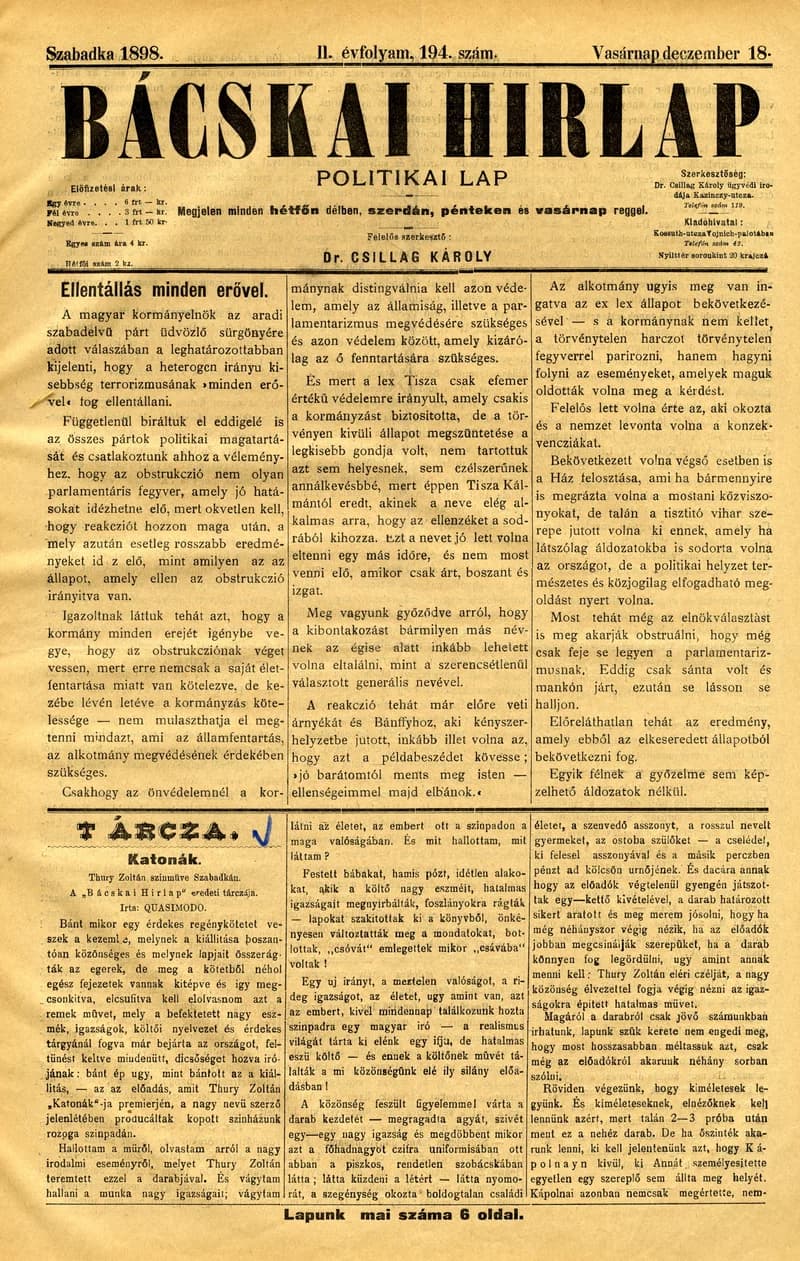 Bácskai Hirlap, 2. évf. 1898. december 18. 194. sz. 1–6. oldal