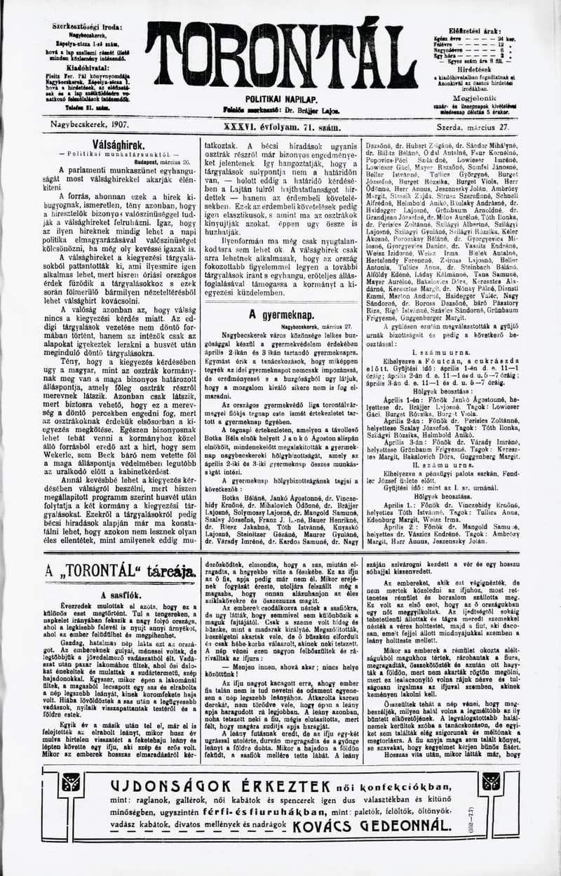 Torontál, 36. évf. 1907. március 27. 71. sz.