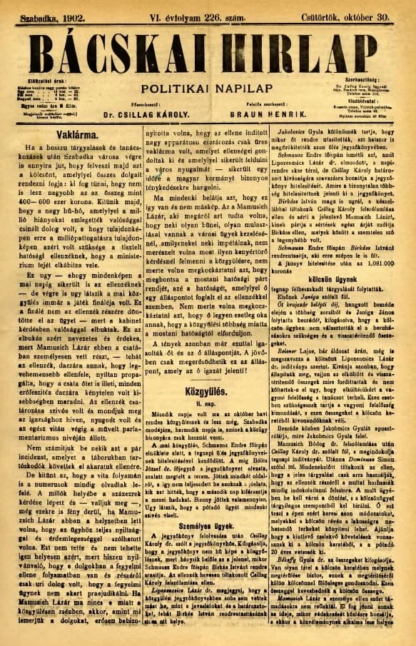 Bácskai Hirlap, 6. évf. 1902. október 30. 226. sz.