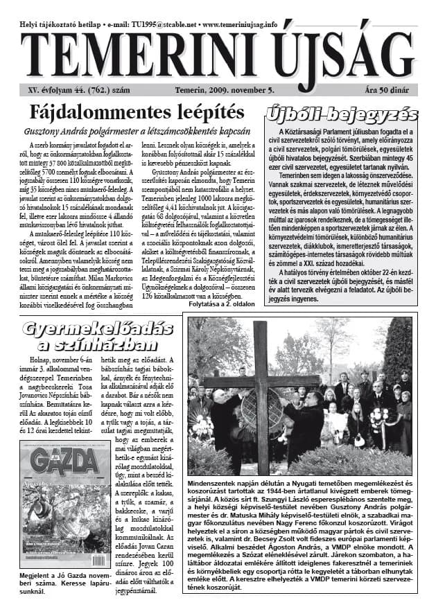Temerini Újság, 15. évf. 2009. november 5. 44. sz.