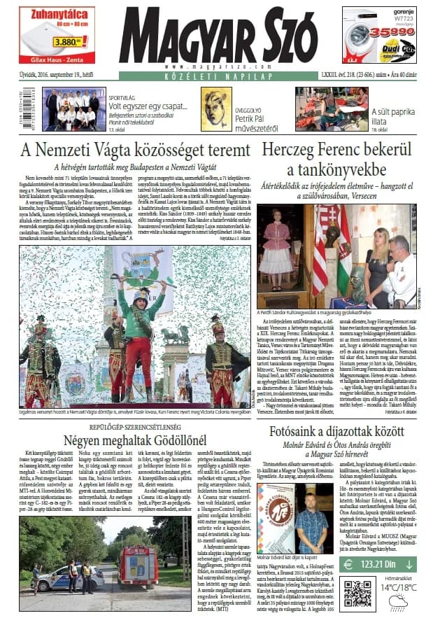 Magyar Szó, 73. évf. 2016. szeptember 19. 218. sz. 1–20. oldal