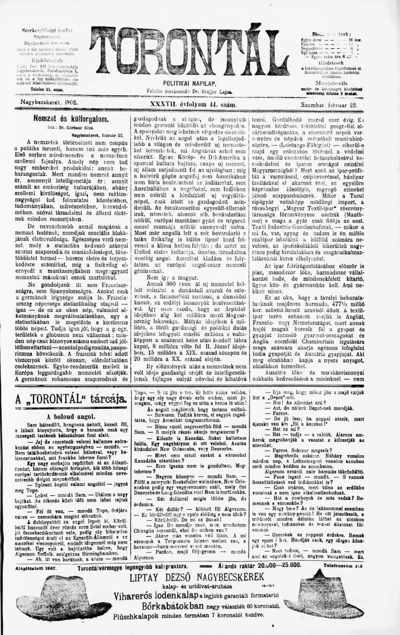 Torontál, 37. évf. 1908. február 22. 44. sz.