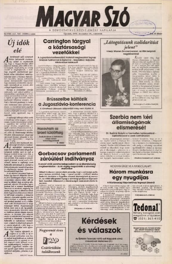 Magyar Szó, 48. évf. 1991. december 19. 347. sz. 1–16. oldal