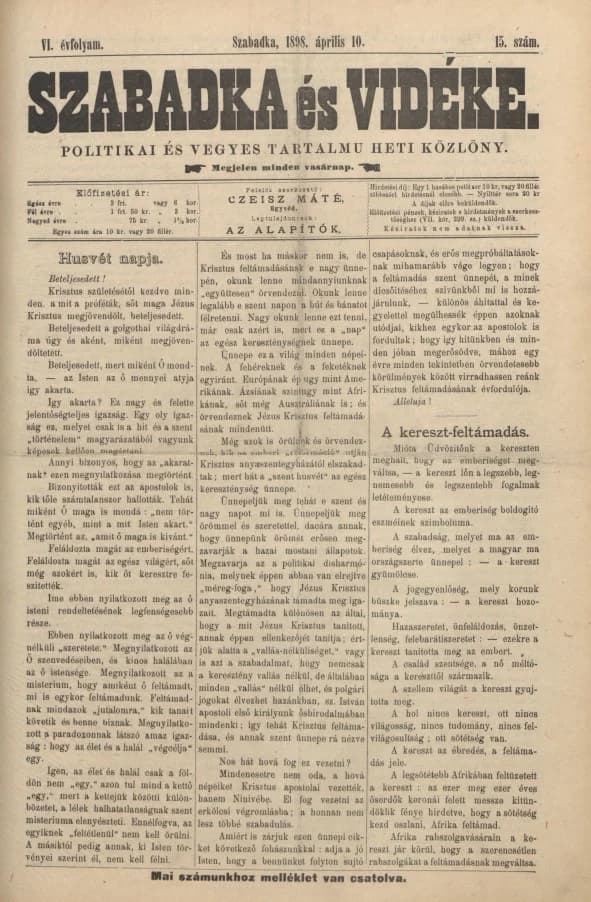 Szabadka és vidéke II, 6. évf. 1898. április 10. 15. sz.
