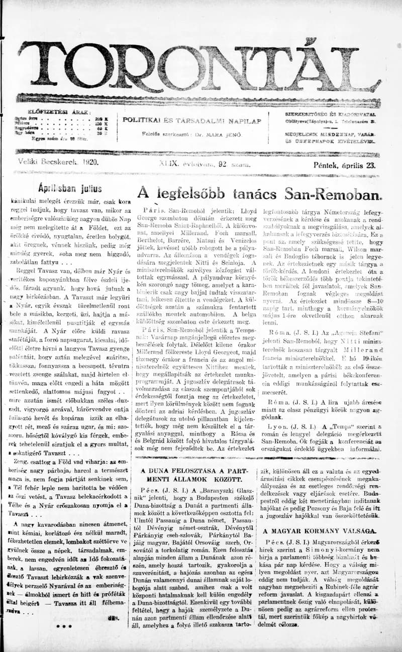 Torontál, 49. évf. 1920. április 23. 92. sz.