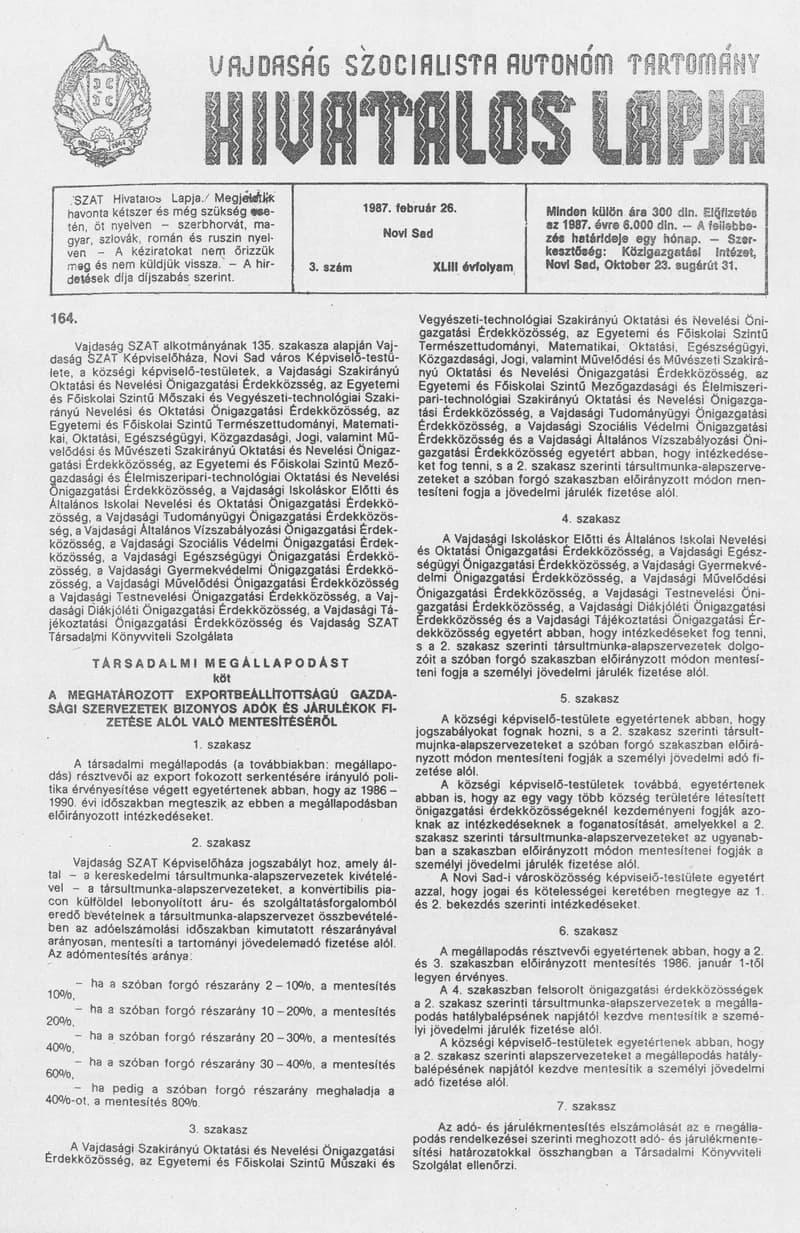 Vajdaság Szocialista Autonóm Tartomány Hivatalos Lapja, 43. évf. 1987. február 26. 3. sz.