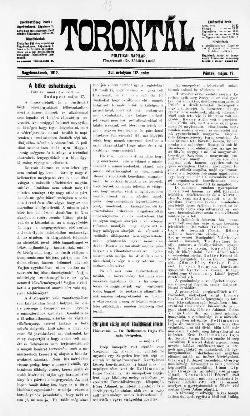 Torontál, 41. évf. 1912. május 17. 112. sz.