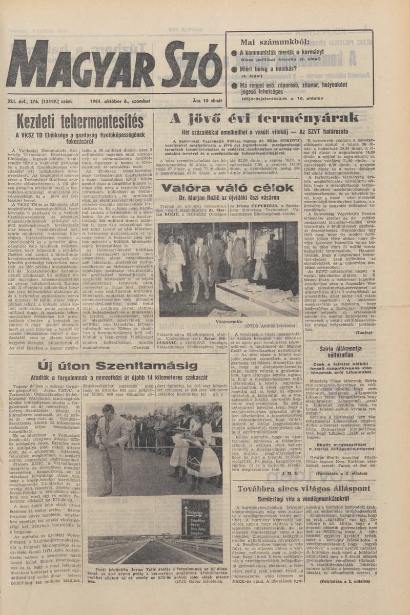 Magyar Szó, 41. évf. 1984. október 6. 276. sz. 1–24. oldal