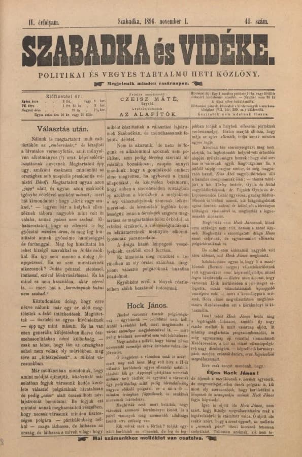 Szabadka és vidéke II, 4. évf. 1896. november 1. 44. sz.