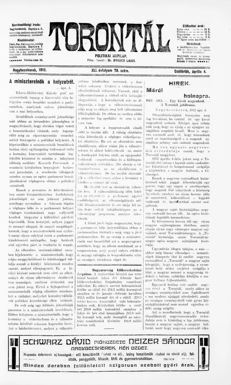 Torontál, 41. évf. 1912. április 4. 78. sz.