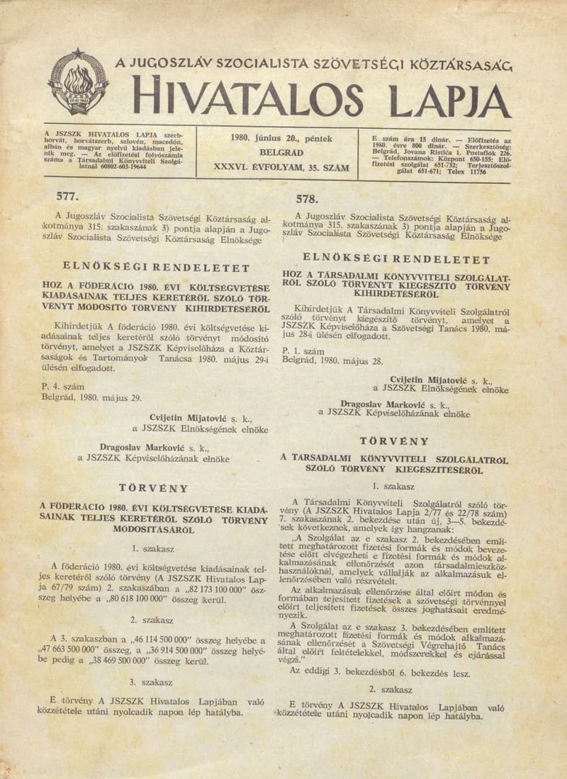 A Jugoszláv Szocialista Szövetségi Köztársaság Hivatalos Lapja, 36. évf. 1980. június 20. 35. sz. 1129–1168. oldal