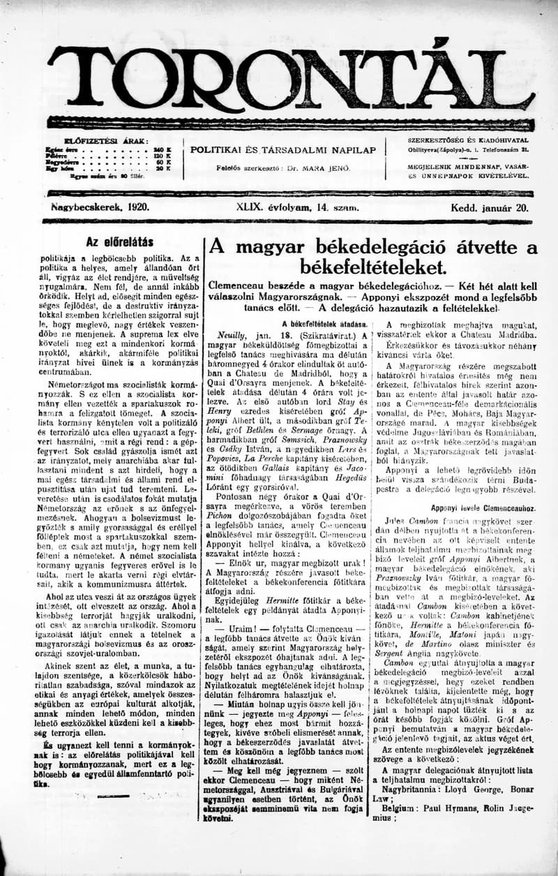 Torontál, 49. évf. 1920. január 20. 14. sz.
