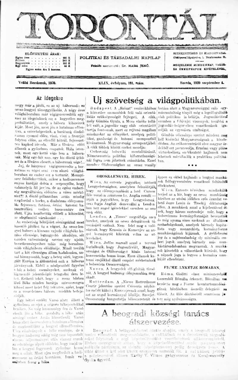 Torontál, 49. évf. 1920. szeptember 1. 191. sz.