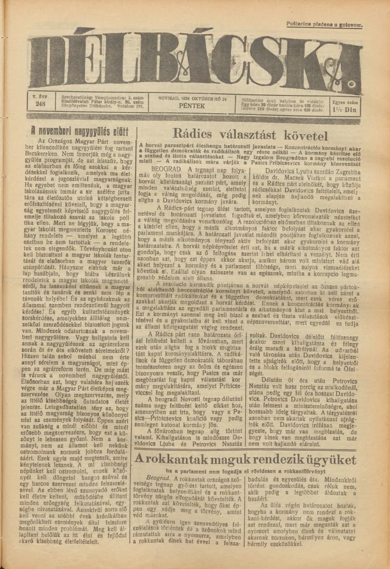 Délbácska, 5. évf. 1924. október 24. 248. sz.
