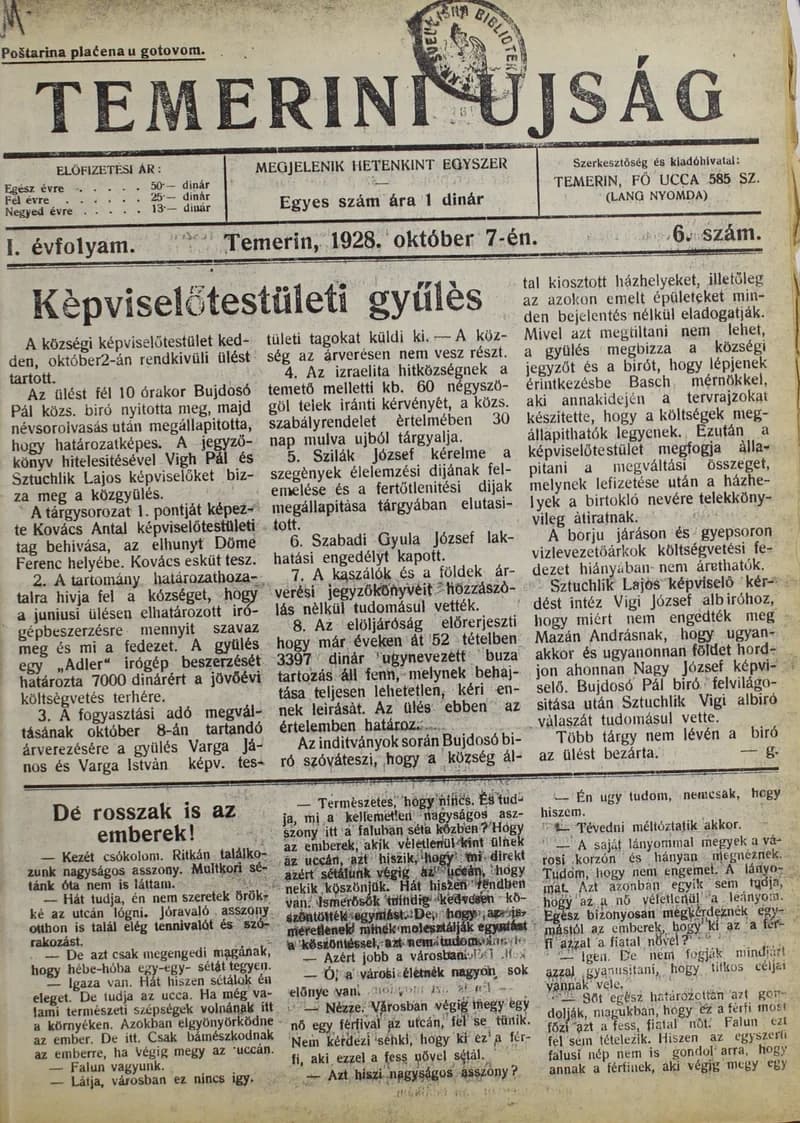 Temerini Újság 1928-1944, 1. évf. 1928. október 7. 6. sz.