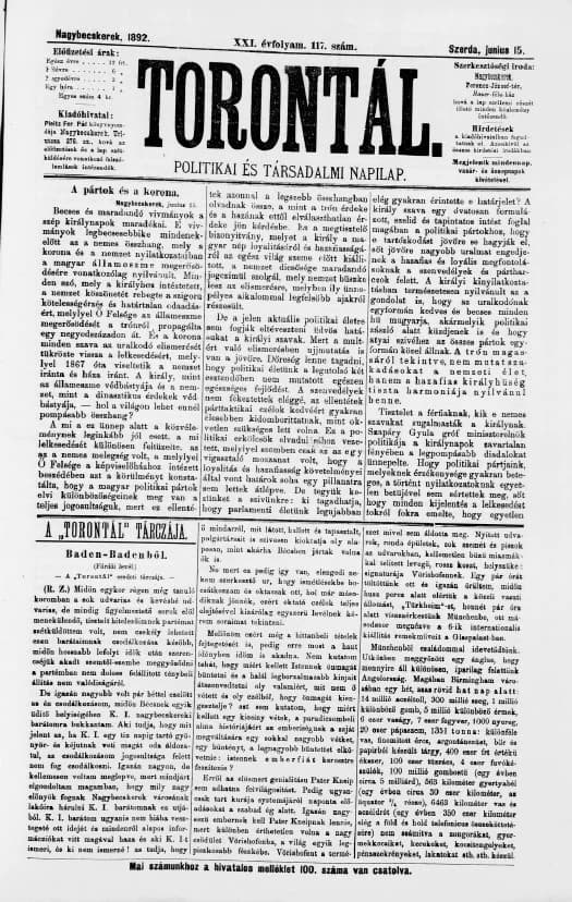 Torontál, 21. évf. 1892. június 15. 117. sz.