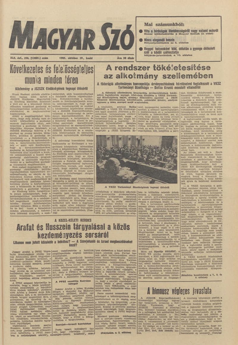 Magyar Szó, 42. évf. 1985. október 29. 298. sz. 1–20. oldal
