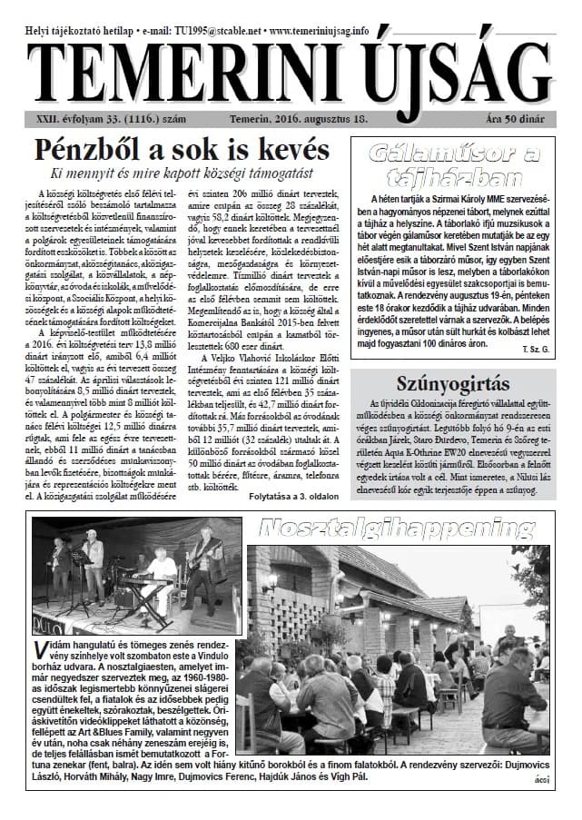 Temerini Újság, 22. évf. 2016. augusztus 18. 33. sz.