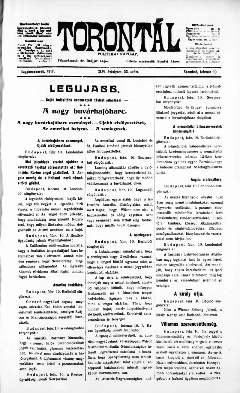 Torontál, 46. évf. 1917. február 10. 33. sz.