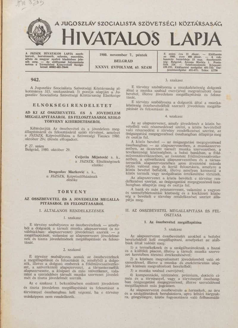 A Jugoszláv Szocialista Szövetségi Köztársaság Hivatalos Lapja, 36. évf. 1980. november 7. 63. sz. 1793–1848. oldal