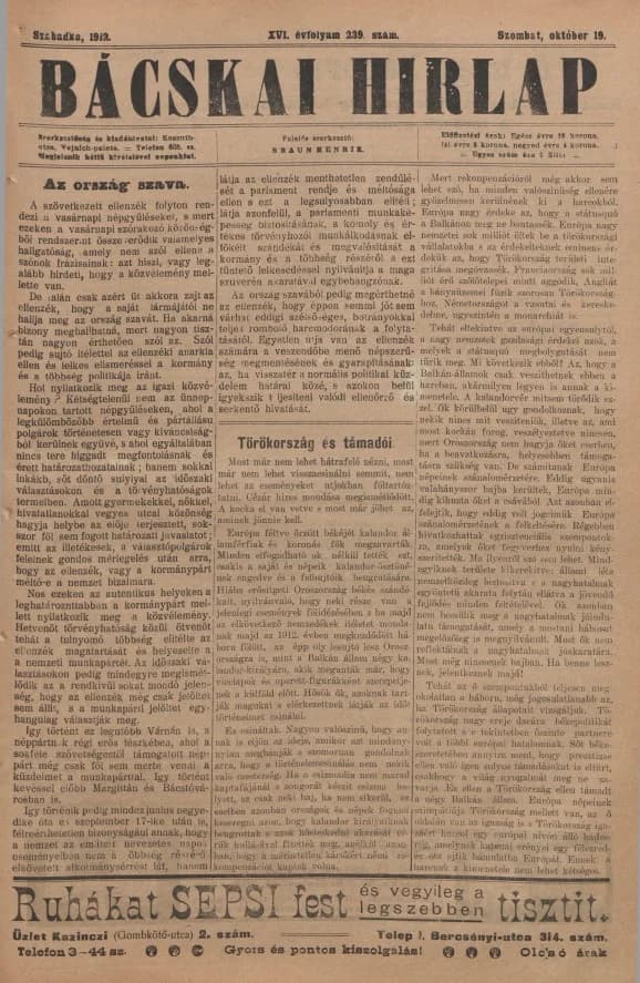 Bácskai Hirlap, 16. évf. 1912. október 19. 239. sz.