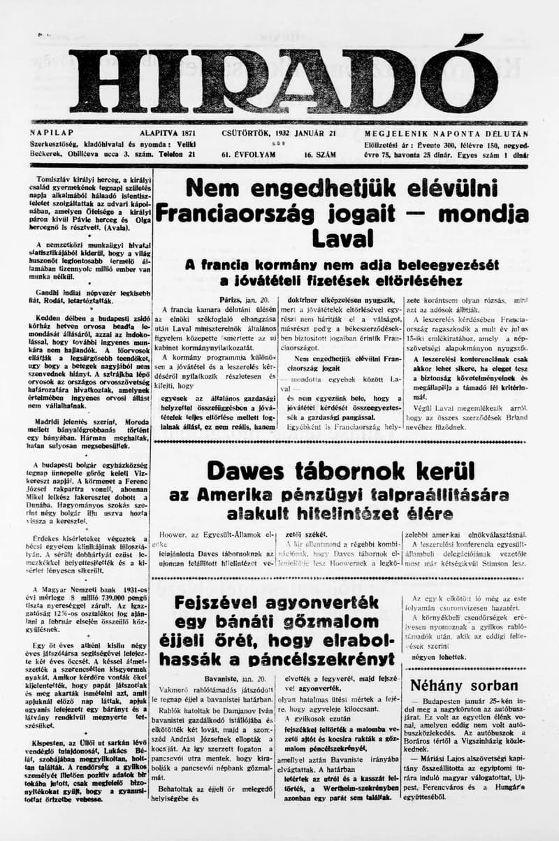 Híradó, 61. évf. 1932. január 21. 16. sz.