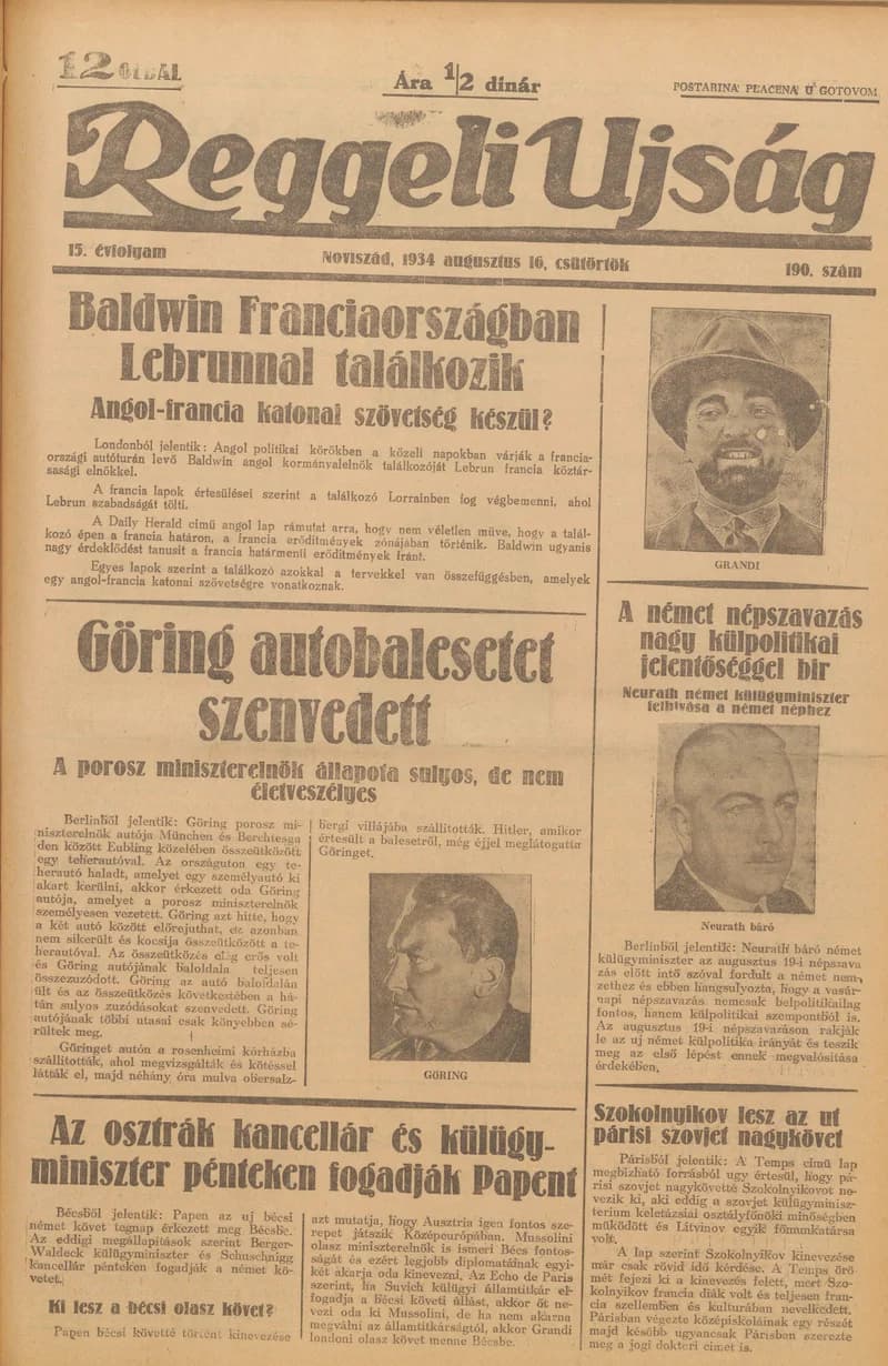Reggeli Újság, 15. évf. 1934. augusztus 16. 190. sz.