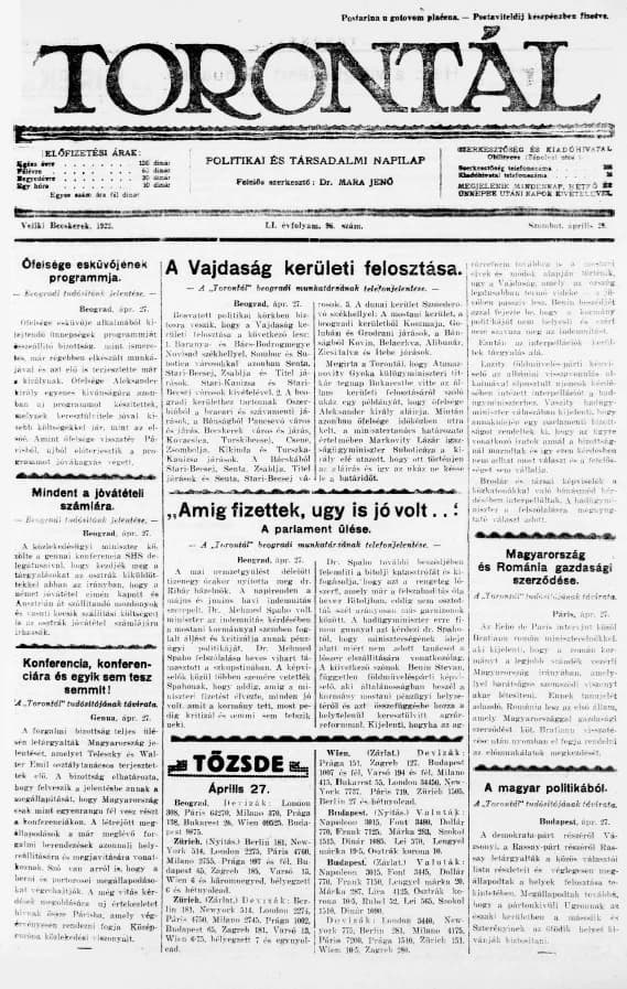 Torontál, 51. évf. 1922. április 29. 96. sz.