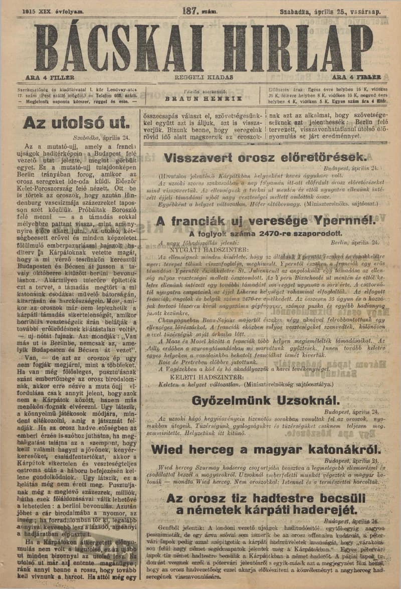 Bácskai Hirlap, 19. évf. 1915. április 25. 187. sz.