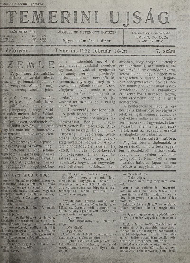 Temerini Újság 1928-1944, 5. évf. 1932. február 14. 7. sz.