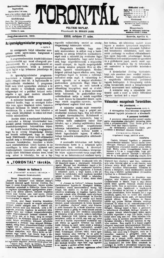 Torontál, 39. évf. 1910. április 6. 77. sz.