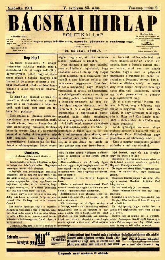 Bácskai Hirlap, 5. évf. 1901. június 2. 83. sz.