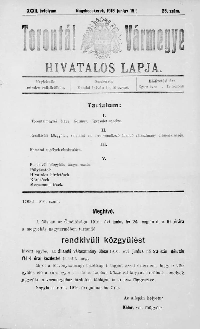 Torontál Vármegye Hivatalos Lapja, 32. évf. 1916. június 15. 25. sz.