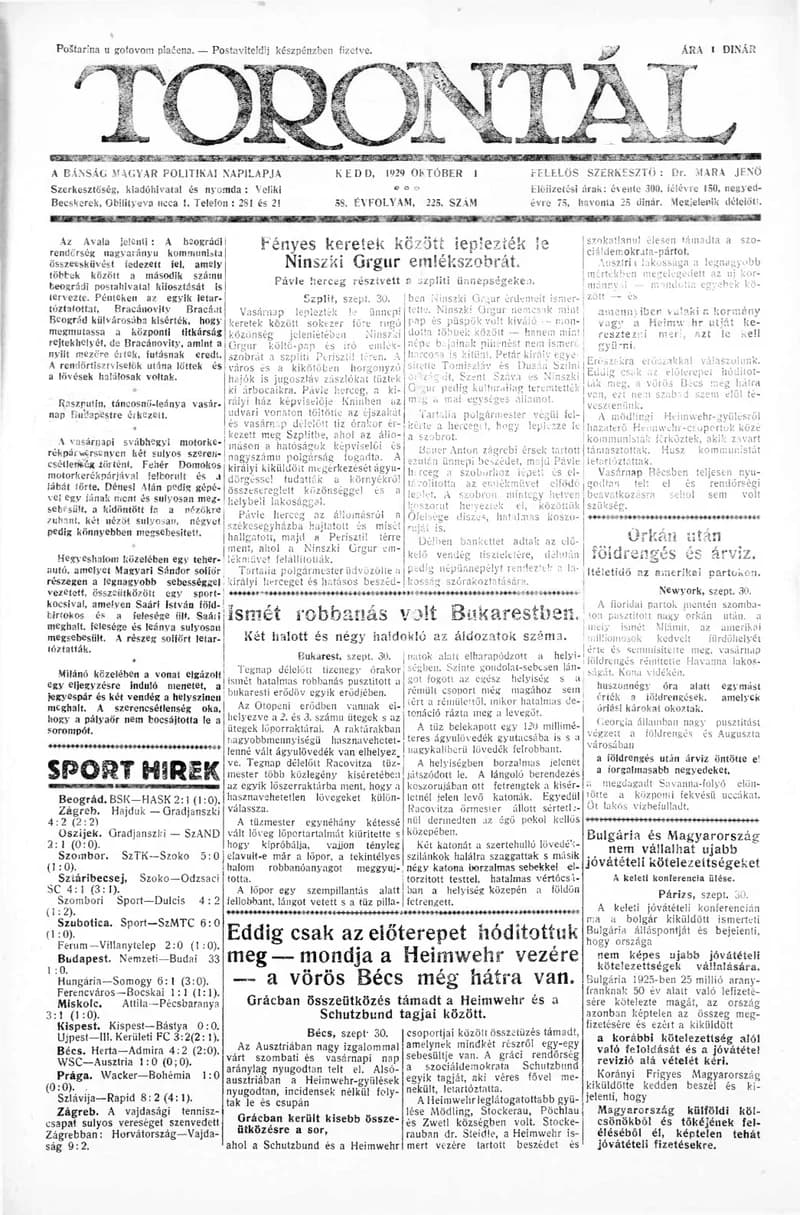 Torontál, 58. évf. 1929. október 1. 225. sz.