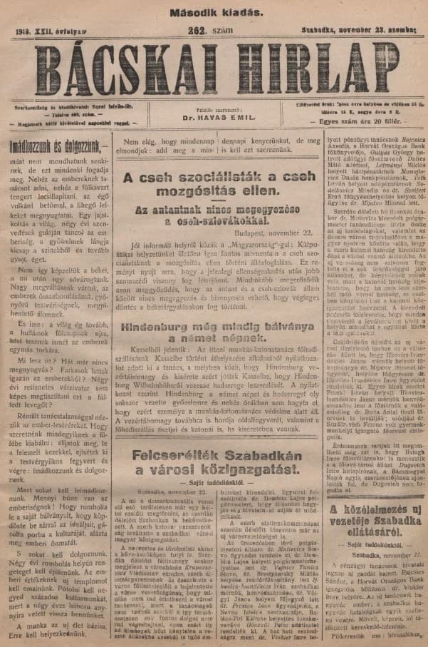 Bácskai Hirlap, 22. évf. 1918. november 23. 262. sz.