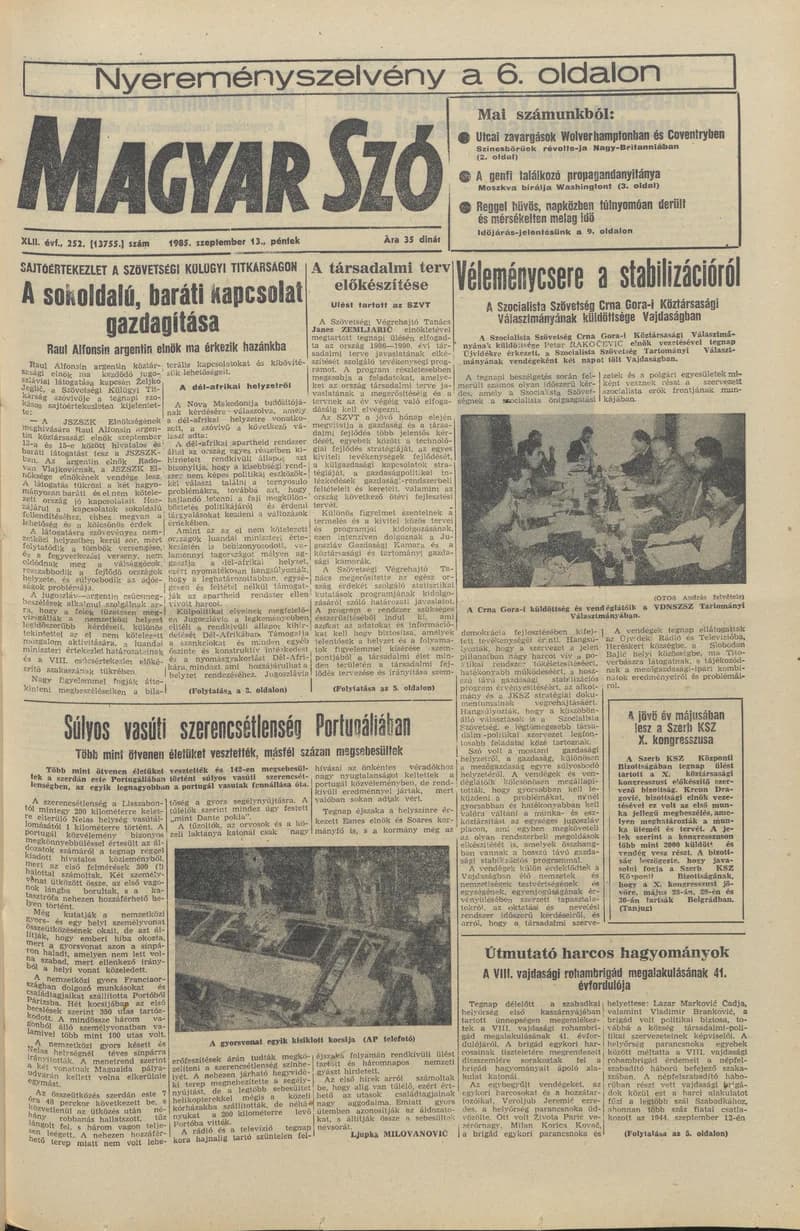 Magyar Szó, 42. évf. 1985. szeptember 13. 252. sz. 1–20. oldal