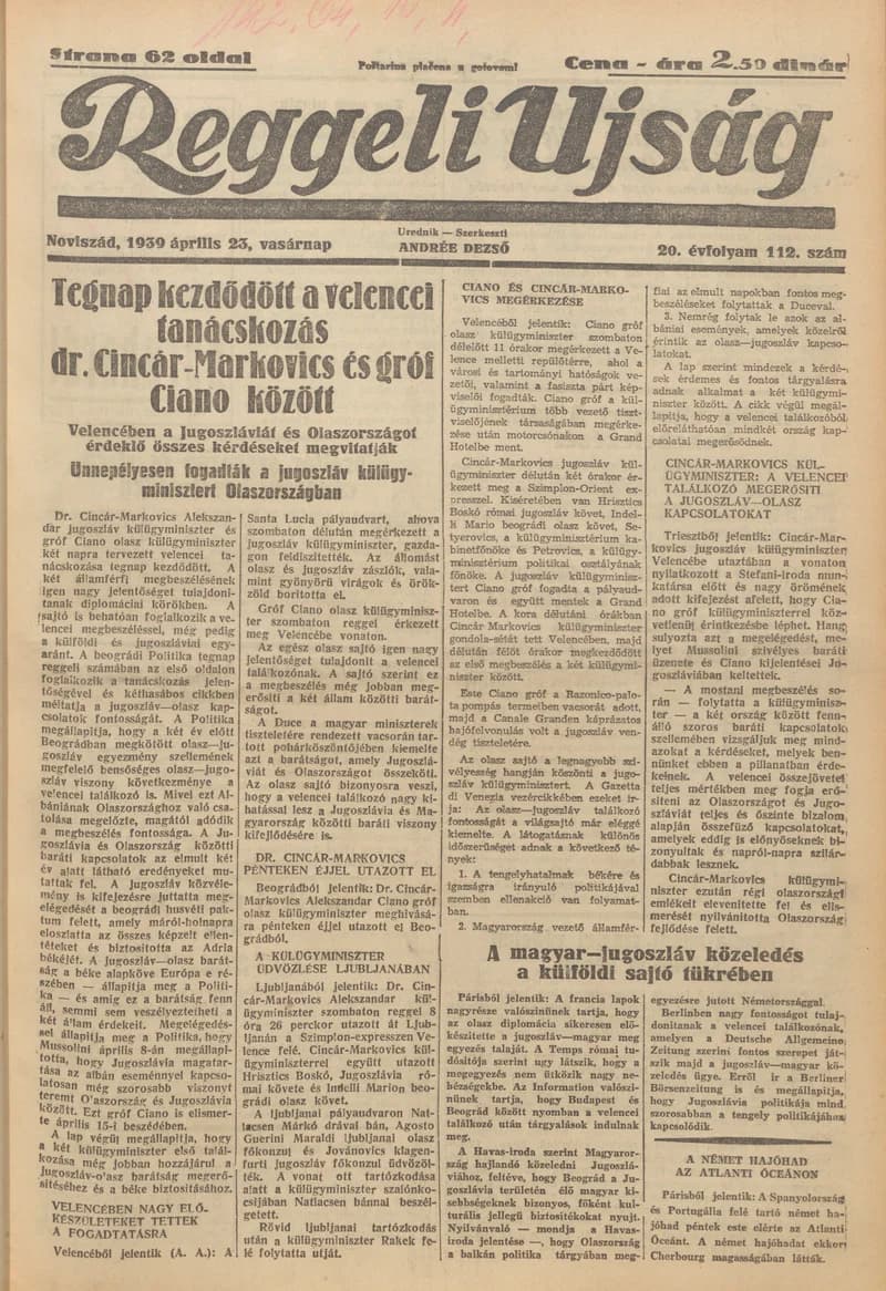Reggeli Újság, 20. évf. 1939. április 23. 112. sz.