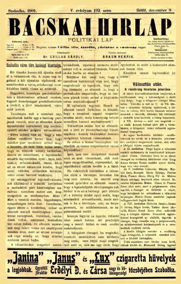 Bácskai Hirlap, 5. évf. 1901. december 9. 192. sz.